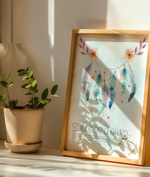 Whimsical dreamcatcher with feathers and flowers in a pastel watercolor style