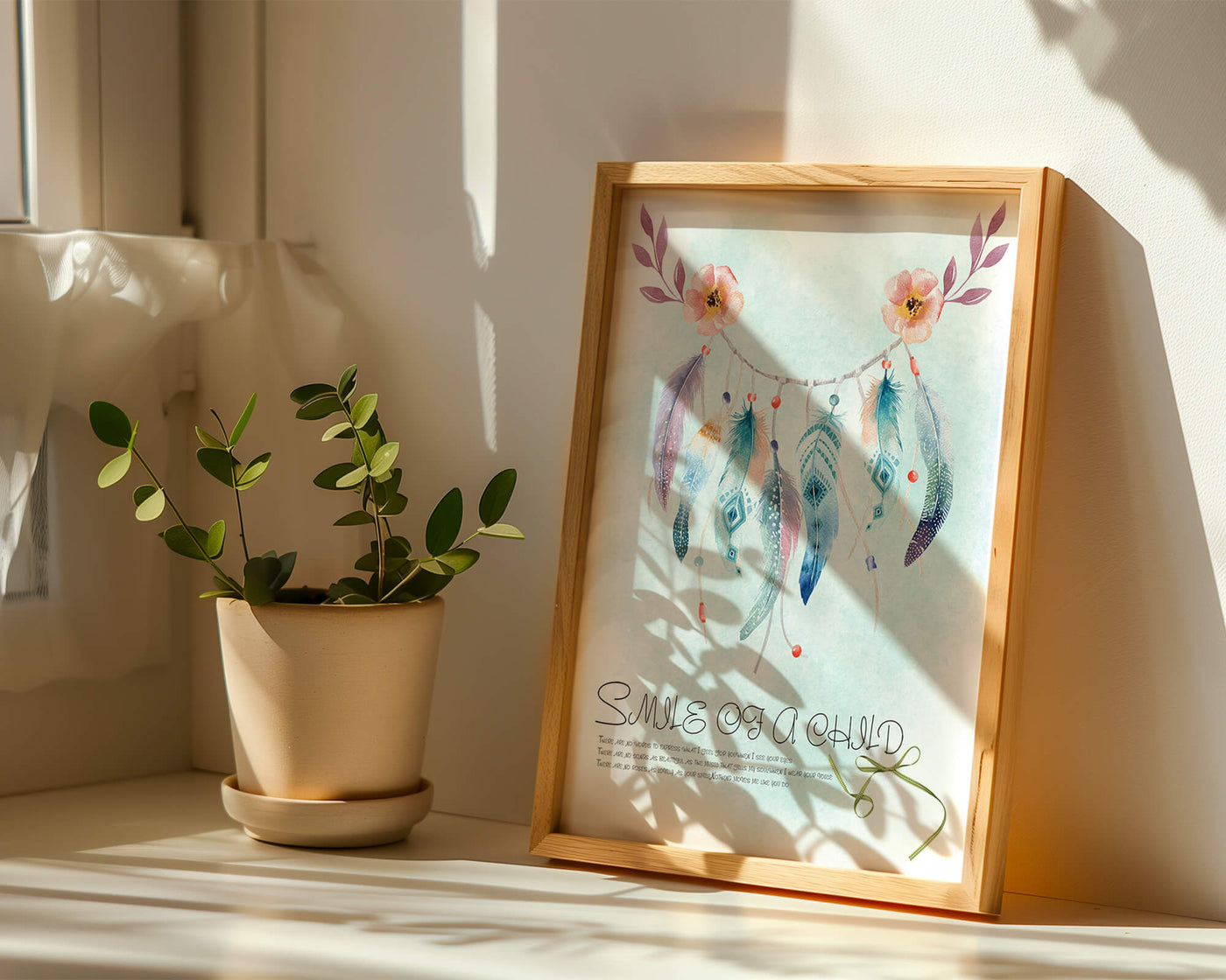 Whimsical dreamcatcher with feathers and flowers in a pastel watercolor style