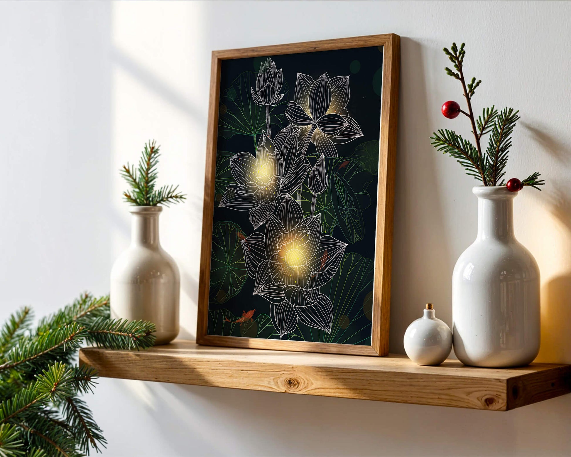 Flores de loto con detalles luminosos y peces koi bajo el agua