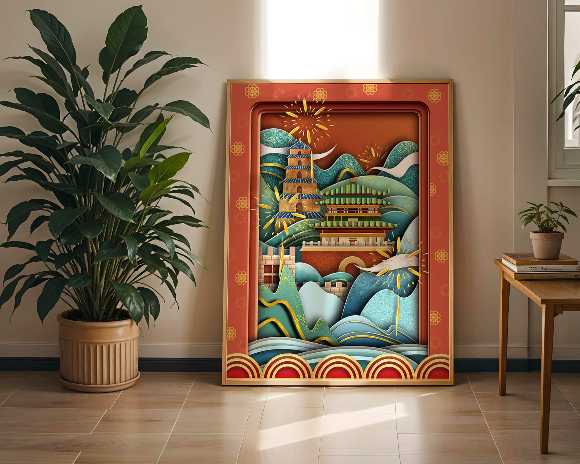 Illustrated Asian landscape with fireworks and traditional architecture