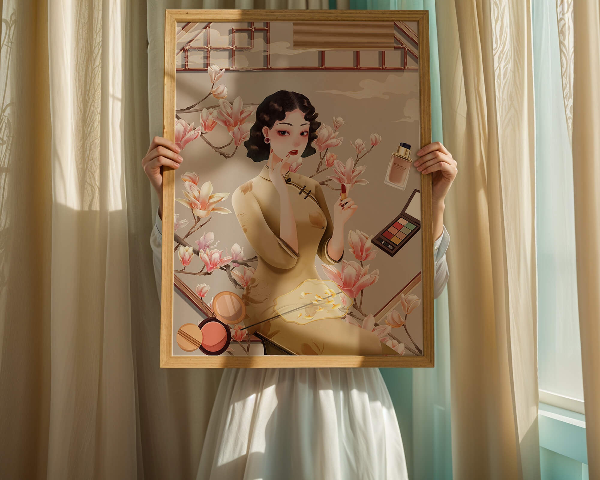 Elegant illustration of a woman with makeup and magnolia flowers