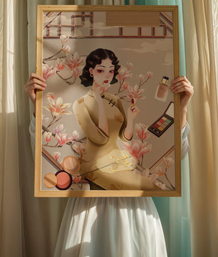 Elegant illustration of a woman with makeup and magnolia flowers