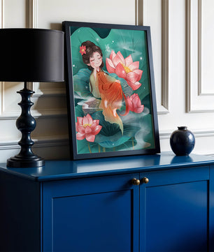 Charmante illustration d'une fille se reposant parmi des fleurs de lotus