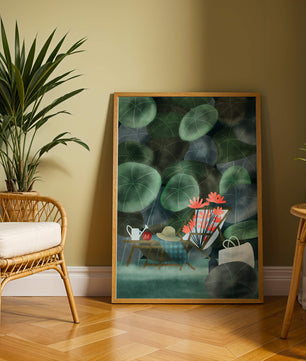 Garden Scene with Flowers, Table, and Chair in a Leafy Backdrop