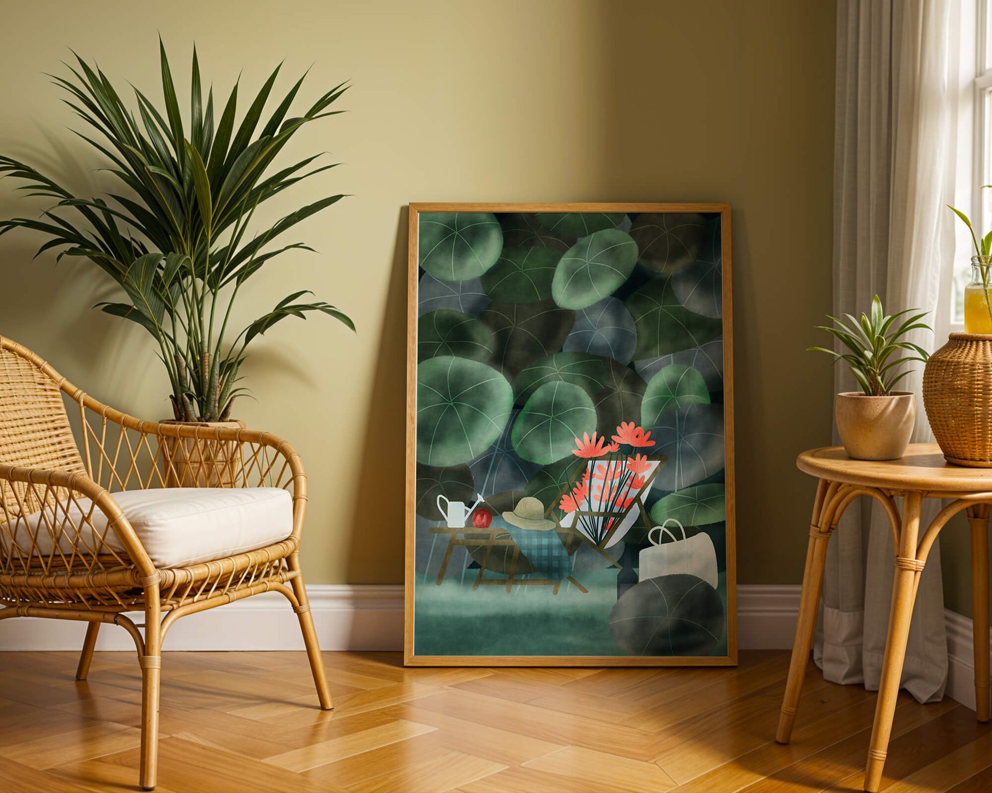 Garden Scene with Flowers, Table, and Chair in a Leafy Backdrop