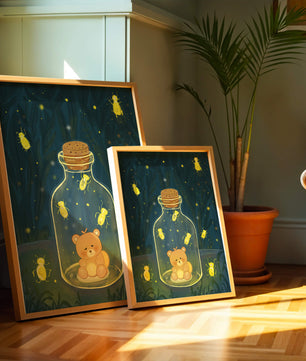 Charming teddy bear in a jar with glowing fireflies