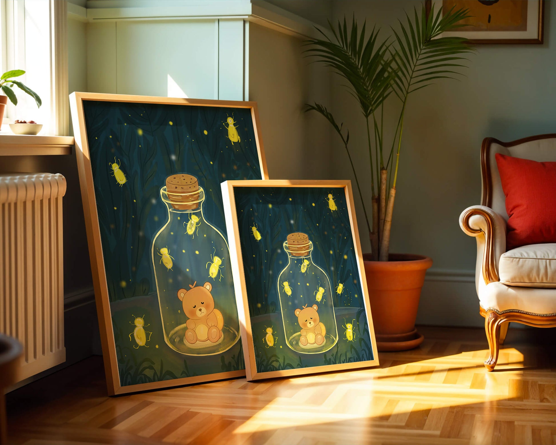 Charming teddy bear in a jar with glowing fireflies