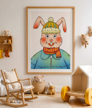 Whimsical cartoon bunny in winter attire with a striped scarf and beanie hat
