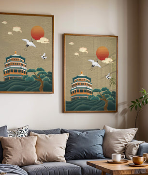 Traditional Asian artwork with cranes and pagoda under a red sun