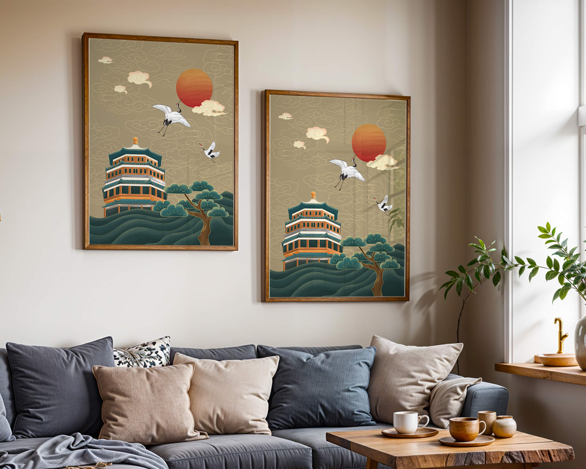 Traditional Asian artwork with cranes and pagoda under a red sun