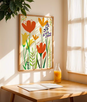 Bright Floral Illustration with Orange, Yellow, and Purple Flowers in Bold Colors
