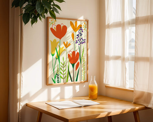 Bright Floral Illustration with Orange, Yellow, and Purple Flowers in Bold Colors