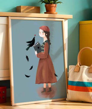 chica en atuendo vintage con pájaro y libro sobre fondo azul