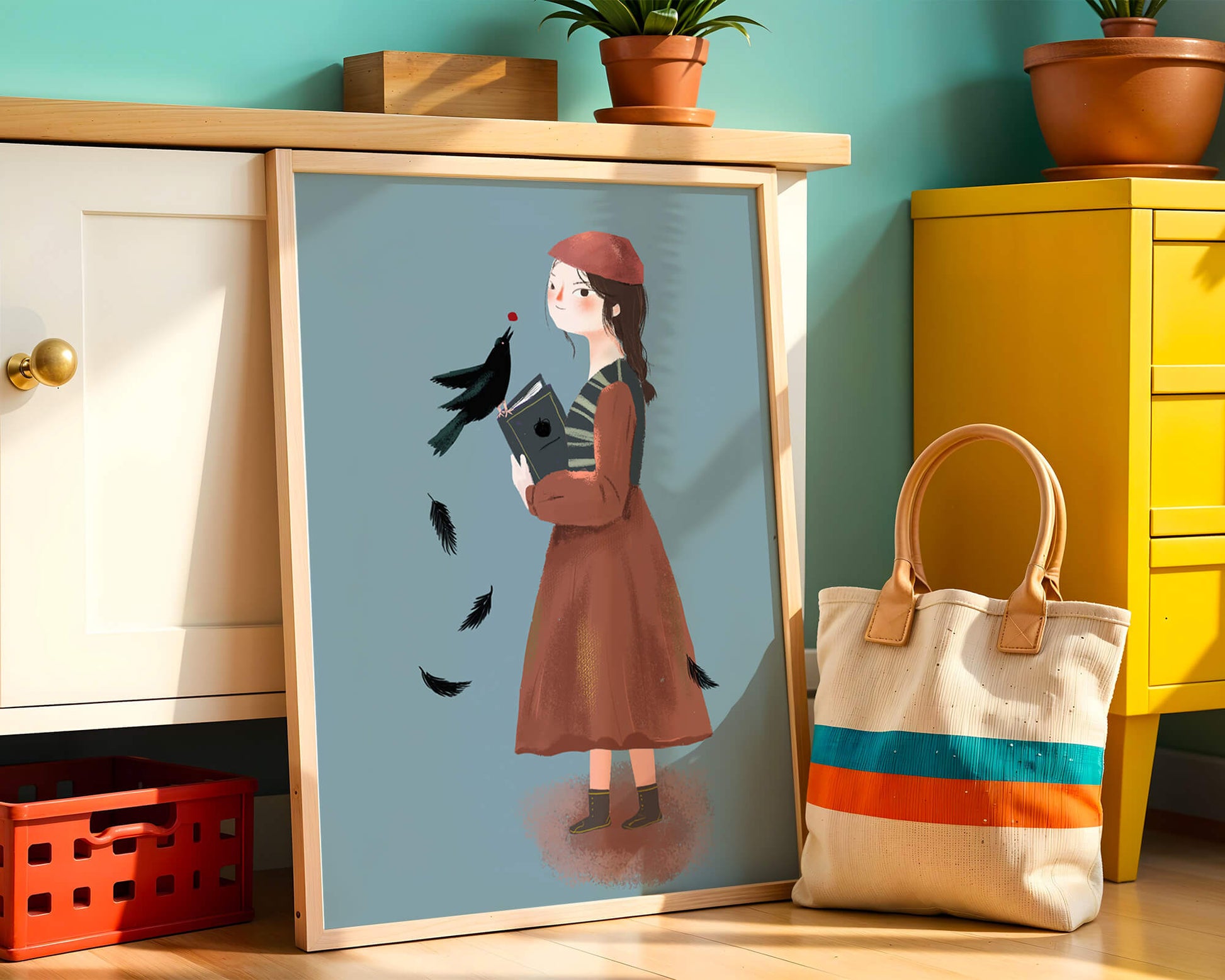 girl in vintage attire with bird and book on blue background