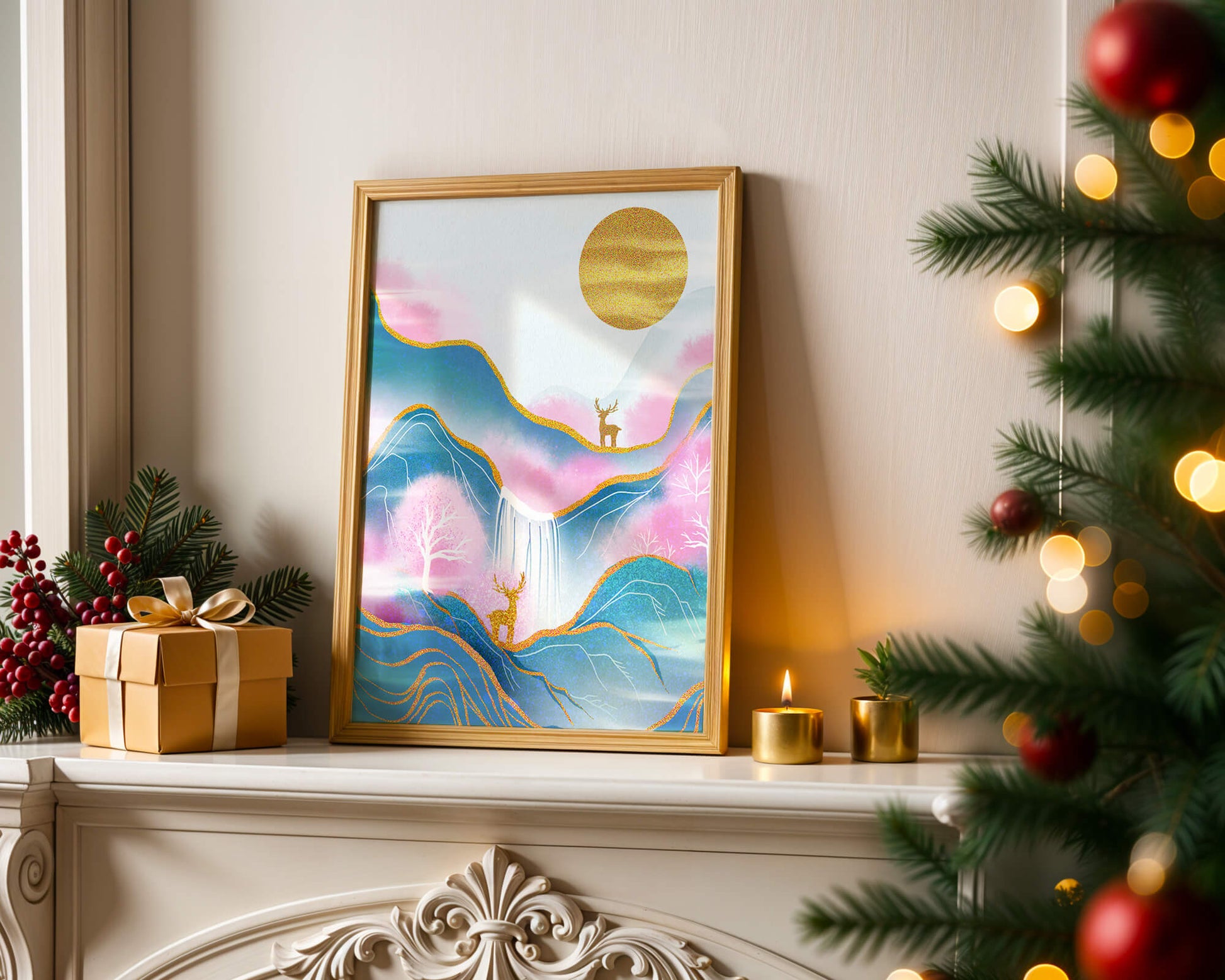 Golden deer in a pastel mountain landscape with pink skies