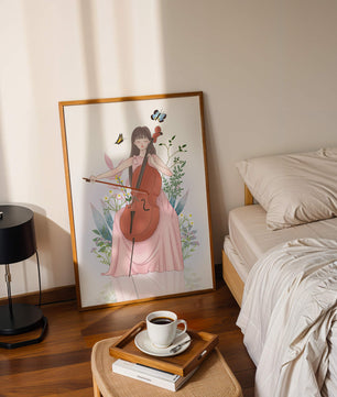 Girl Playing Cello Surrounded by Nature with Butterflies - Mi tienda