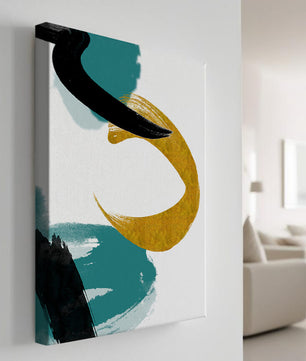 Composición minimalista abstracta con elementos dorados y turquesa