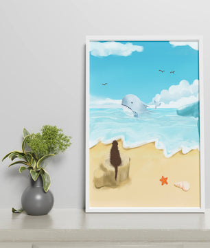 Meeresblick mit Wal und Elemente am Strand