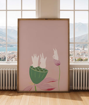 Whimsical Rabbits on Lotus with Pink Background
