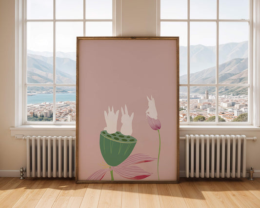 Whimsical Rabbits on Lotus with Pink Background