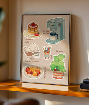 Elementos esenciales del hogar acogedor que incluyen pastel de fresa, cafetera y materiales de estudio