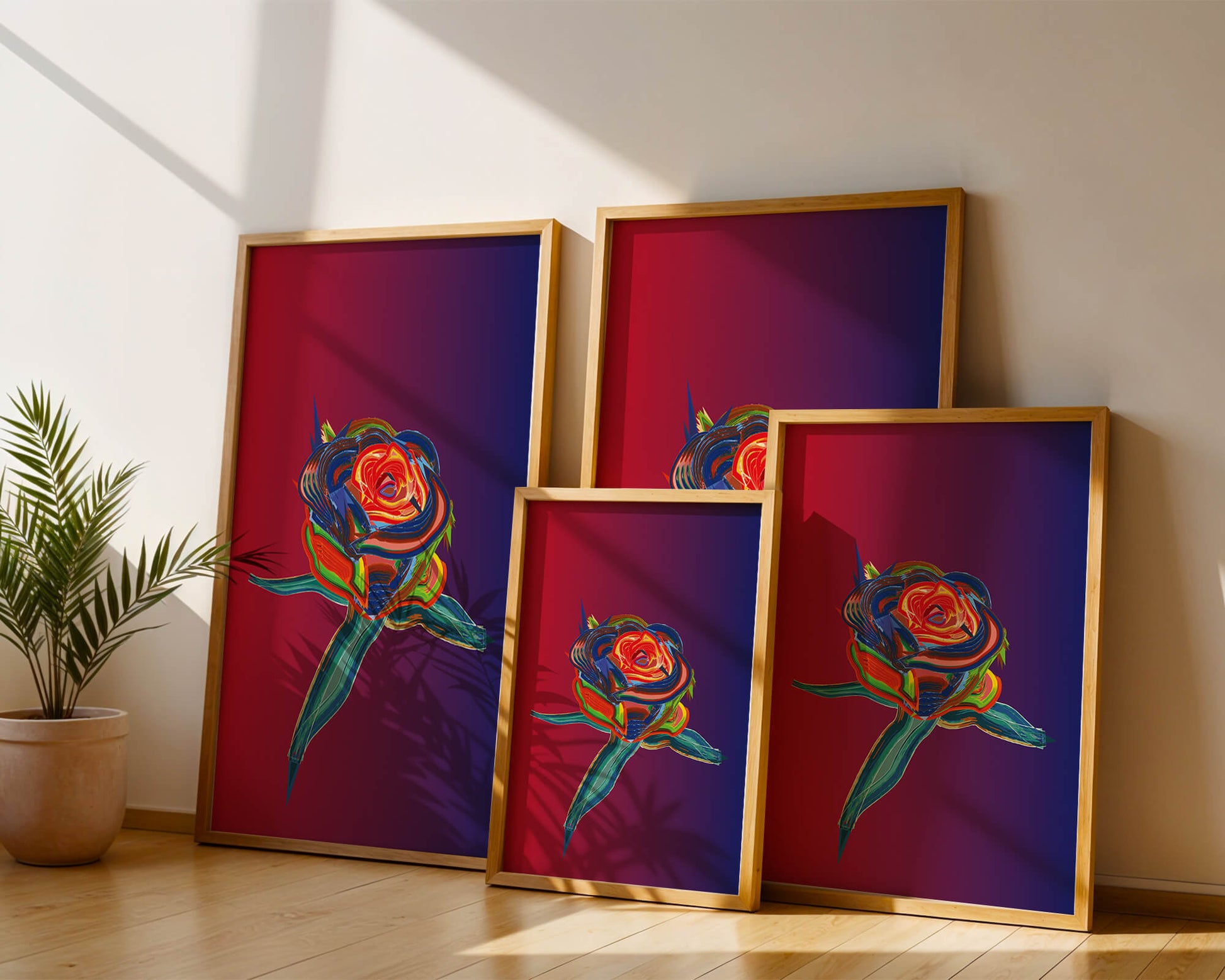 Rosa abstracta vibrante con colores dinámicos sobre fondo degradado