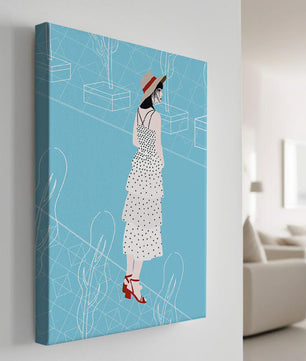 Stylish woman in polka dot dress with hat in modern abstract scene