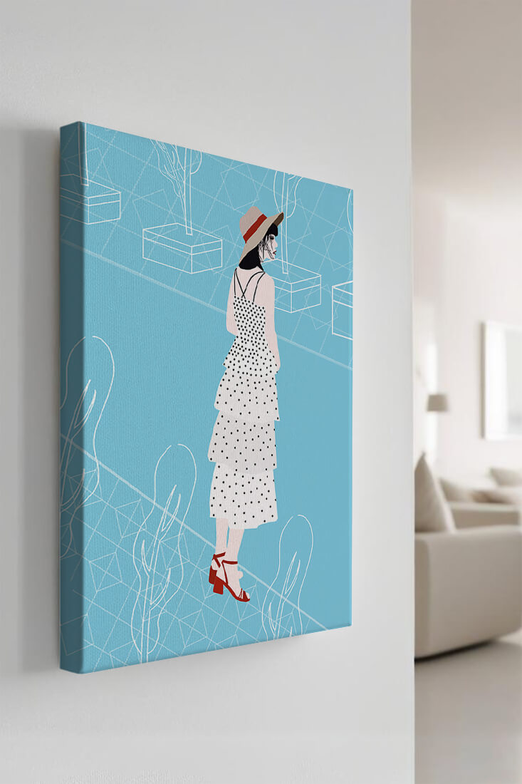 Stylish woman in polka dot dress with hat in modern abstract scene