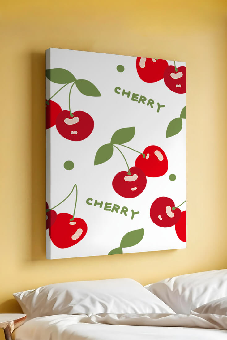 Cherry pattern on black background with green leaves