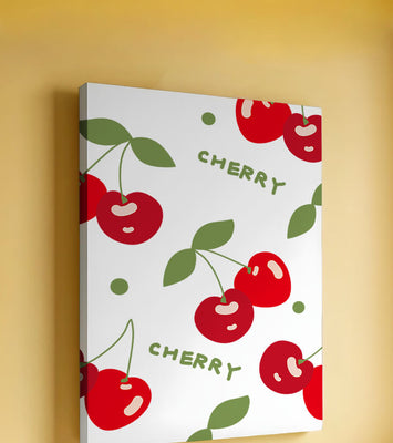 Cherry pattern on black background with green leaves