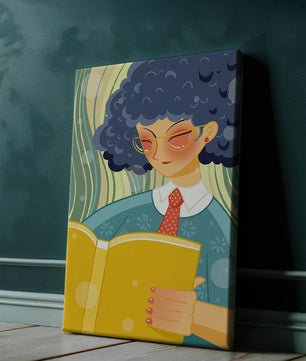 Illustration d'une personne lisant un grand livre jaune dans un style stylisé