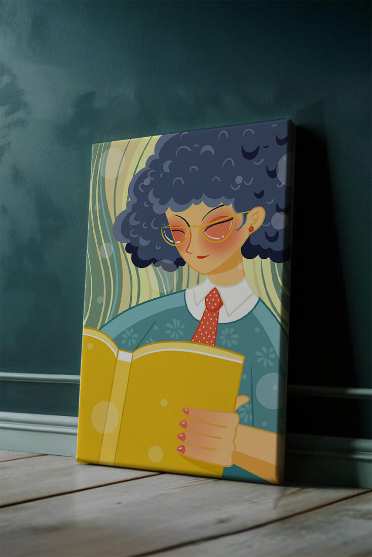Illustration of a person reading a large yellow book in a stylized design