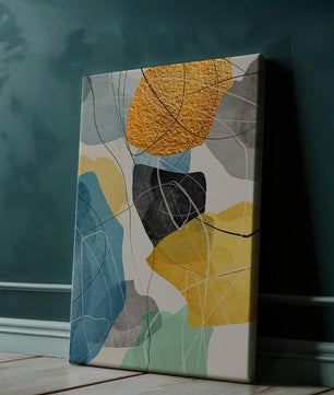 Abstrakte geometrische Kunst mit goldenen Akzenten und leuchtenden Farben