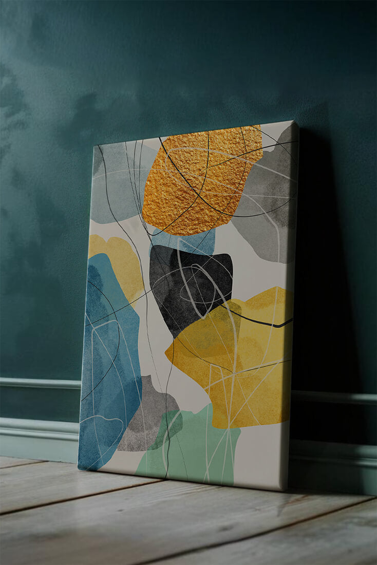 Arte geométrico abstracto con acentos dorados y colores vibrantes