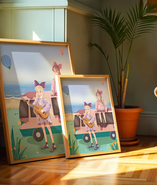 Serene beach scene with whimsical characters and hot air balloons