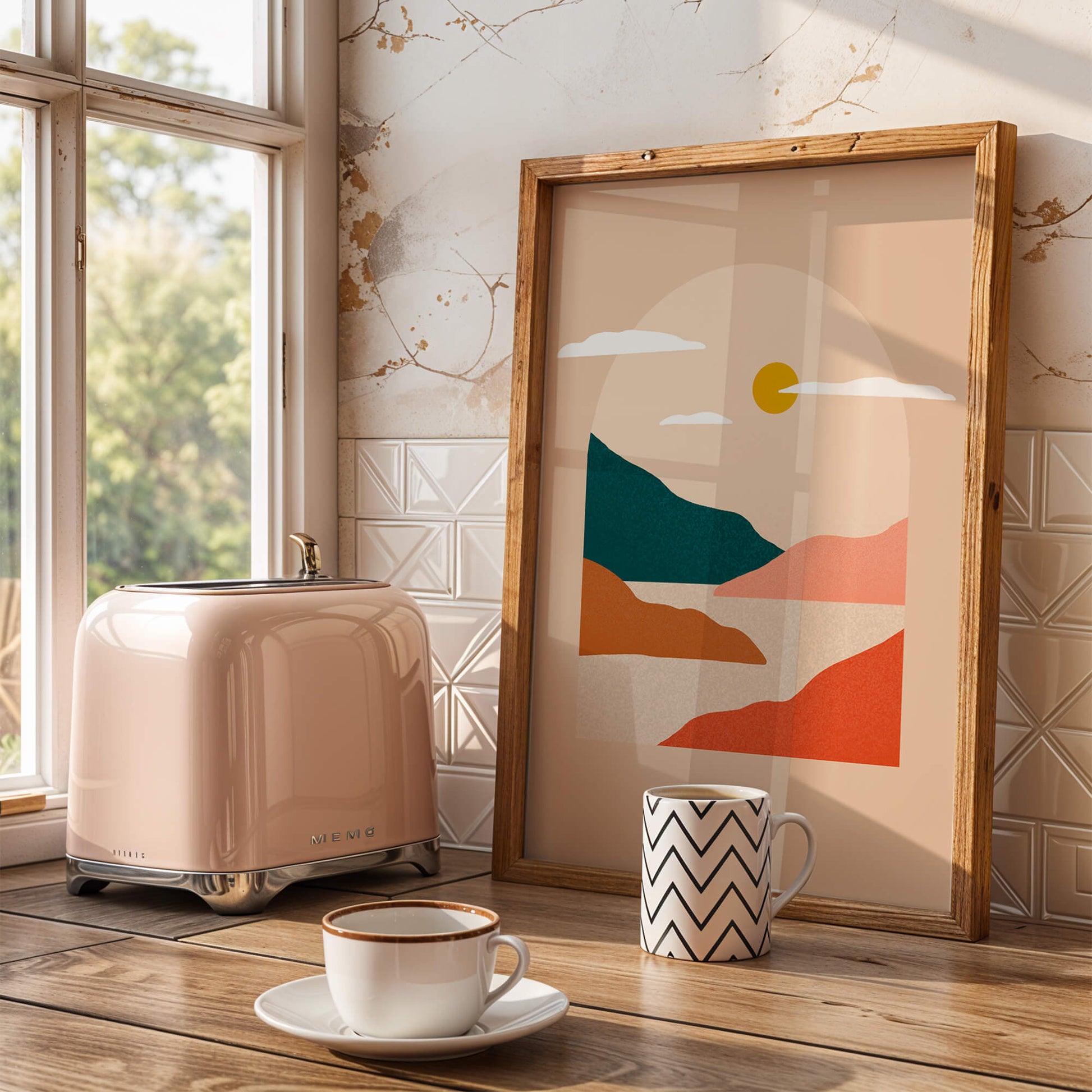 Paysage minimaliste avec montagnes et soleil