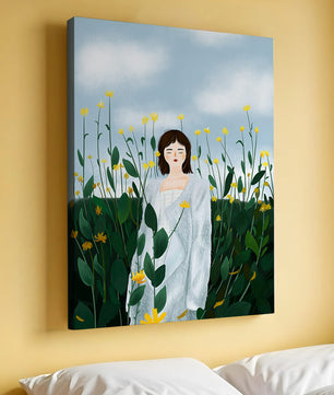 Femme en manteau blanc parmi les fleurs jaunes