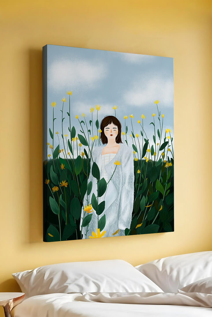 Mujer con abrigo blanco entre flores amarillas