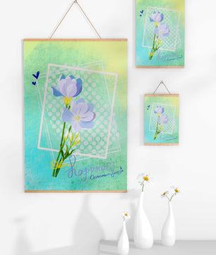 Ilustración floral delicada con colores pastel y lunares