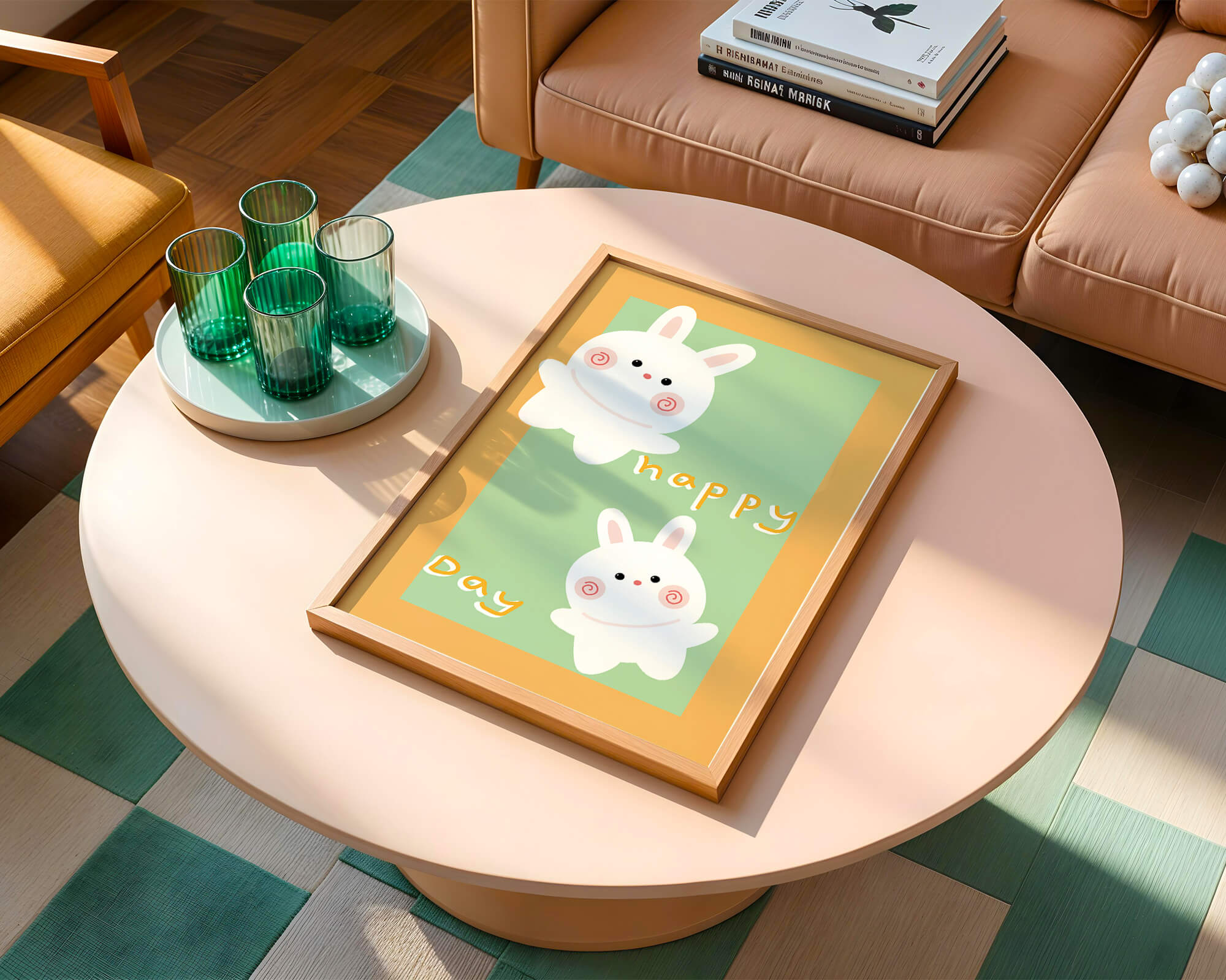 Playful cartoon rabbits with happy day message on colorful background
