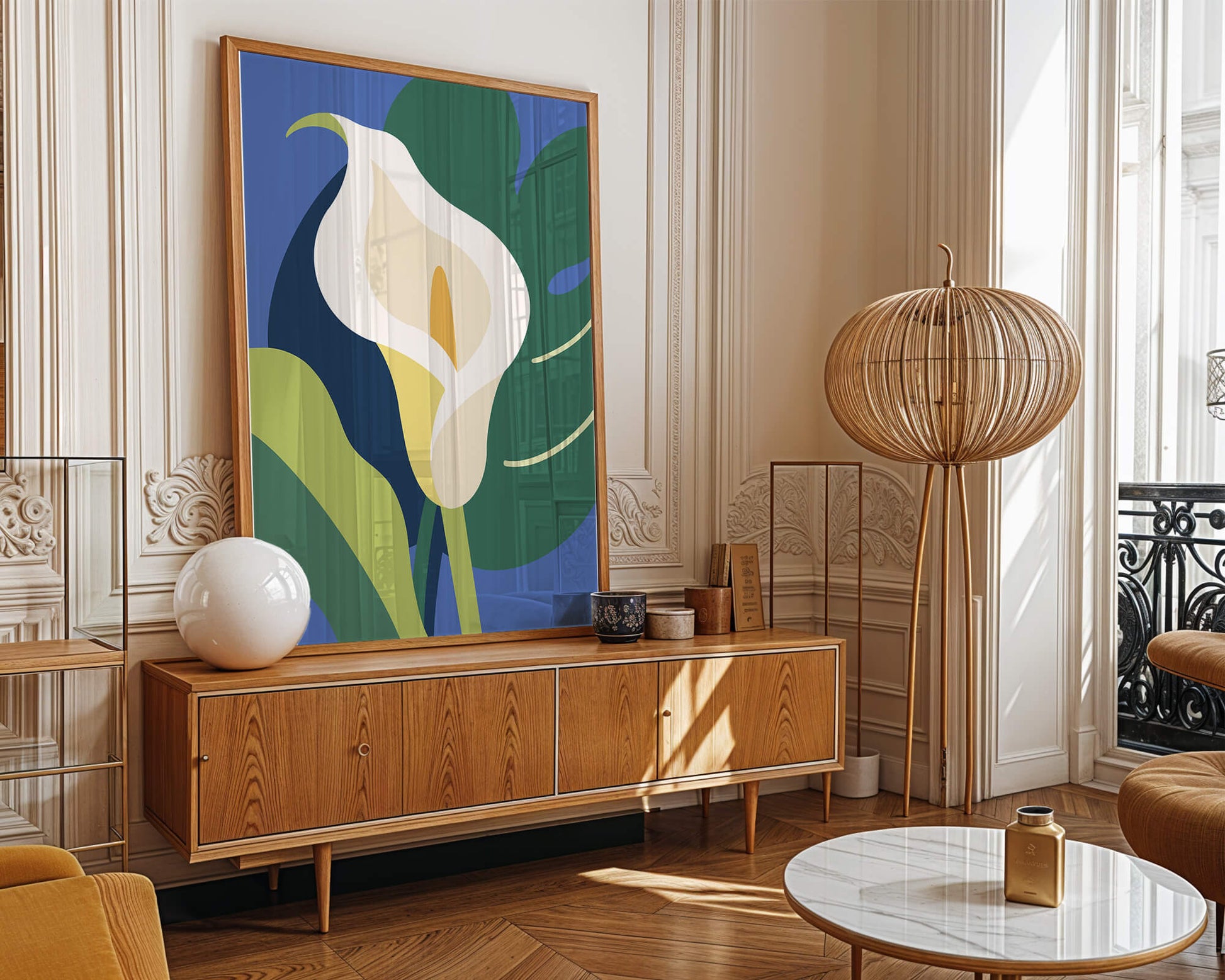 Ilustración floral abstracta con fondo verde y azul