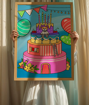 Colorful birthday cake with teddy bear and festive decorations