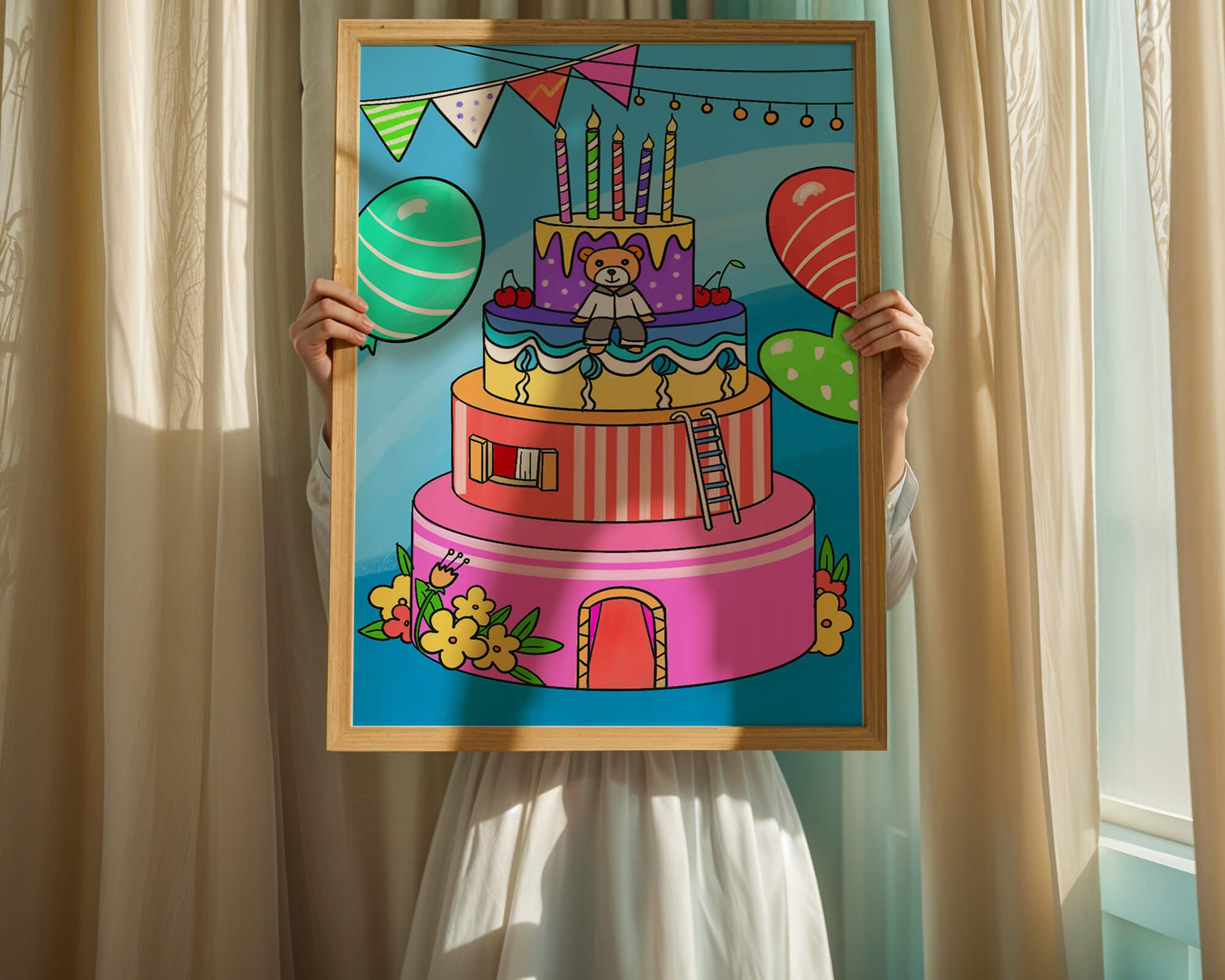 Colorful birthday cake with teddy bear and festive decorations
