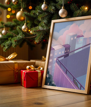 Urban Pastel Scene with Buildings and Pink Clouds