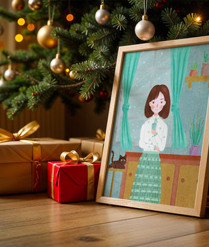 Charming Illustration of Woman and Cat in Cozy Living Room