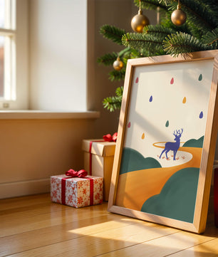 Colorful abstract deer illustration within a serene landscape