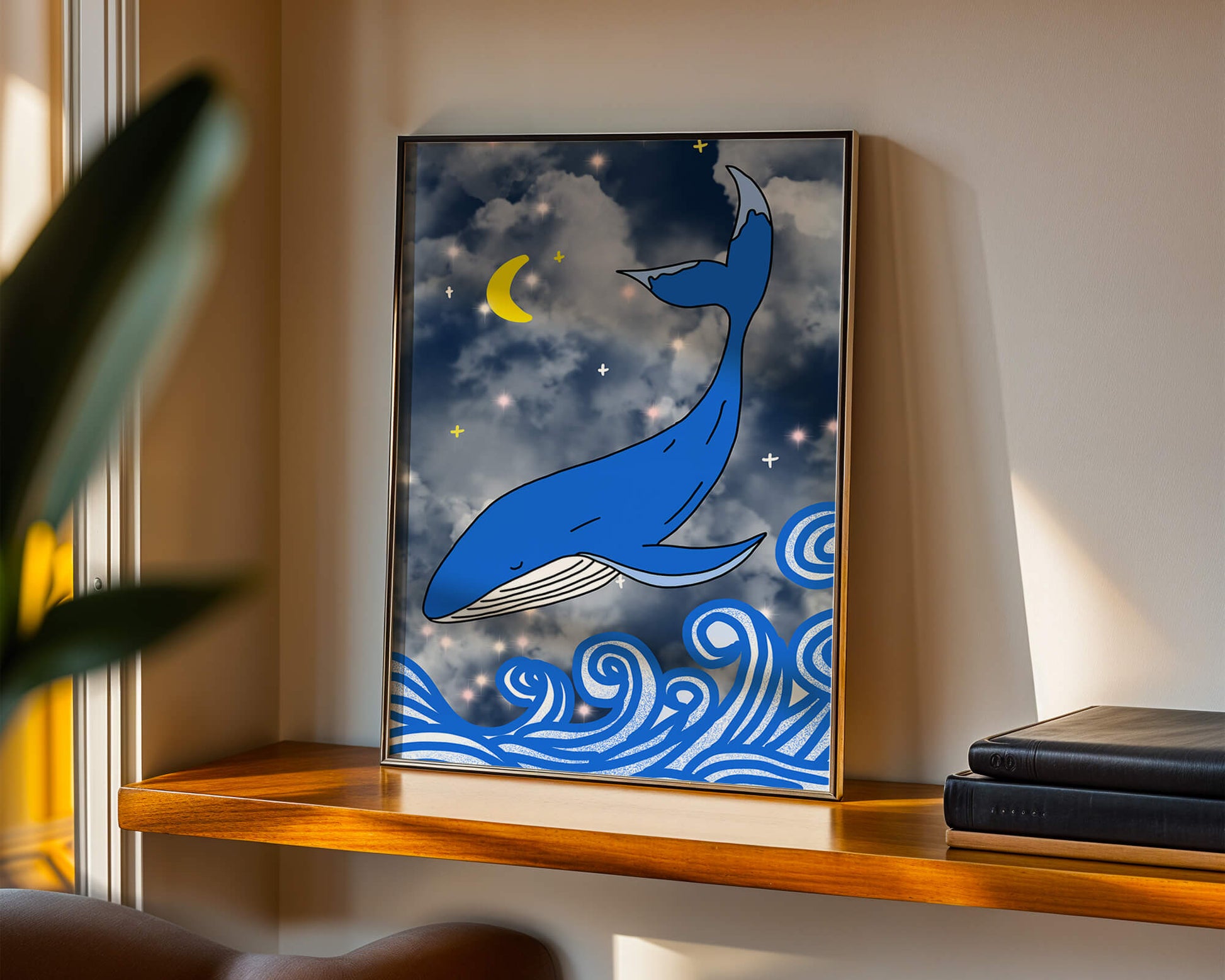 Whimsical blue whale in a starry night ocean scene