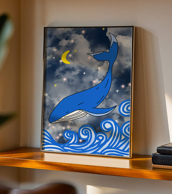 Whimsical blue whale in a starry night ocean scene
