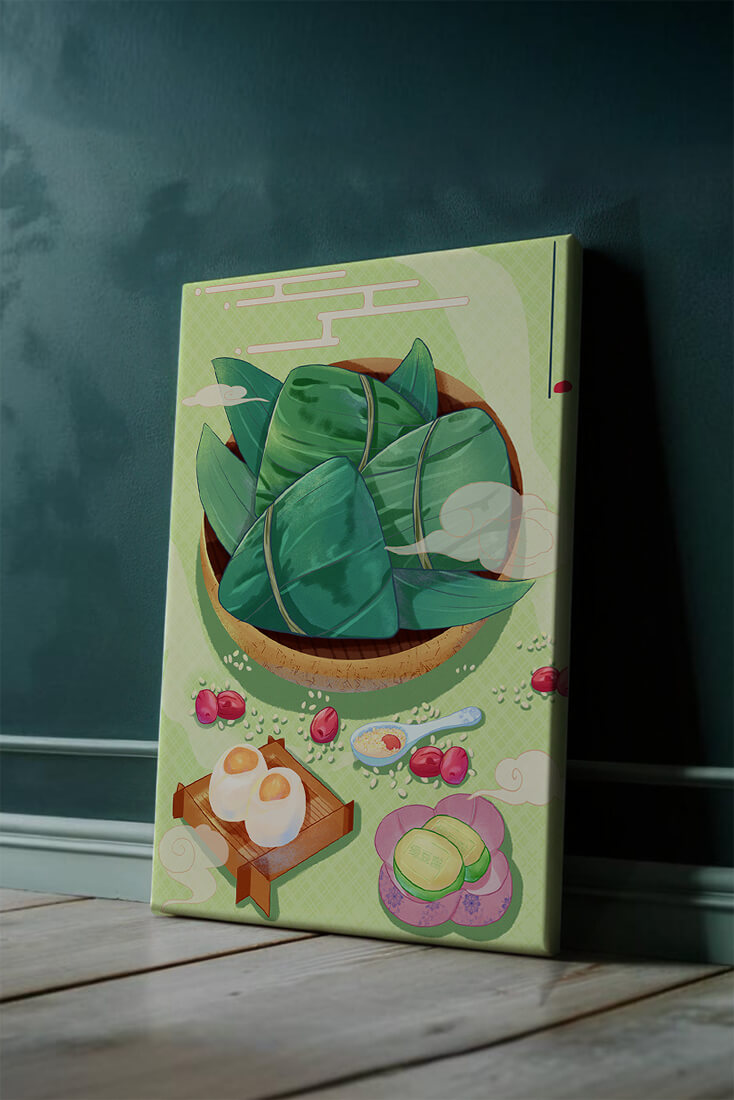 Traditional Asian food illustration with rice dumplings and mooncakes on a green background