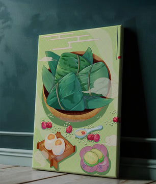 Traditional Asian food illustration with rice dumplings and mooncakes on a green background